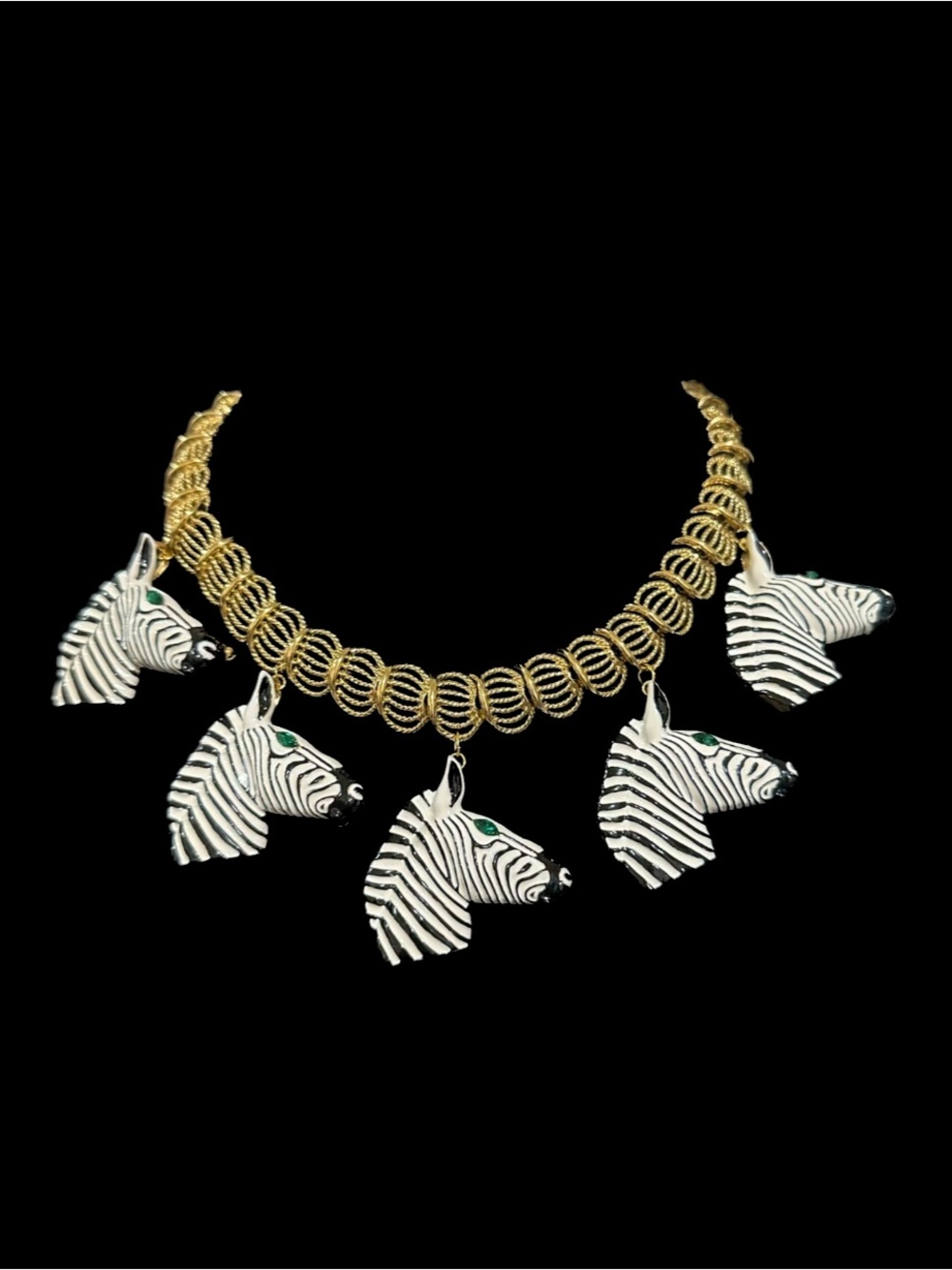 Gold-Tone Zebra Head Charm Necklace with Green Accents